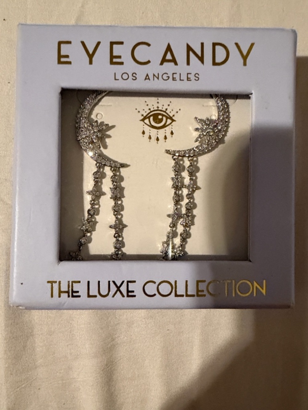 eye candy Silver Crescent Dangle Earrings with Crystal Chains